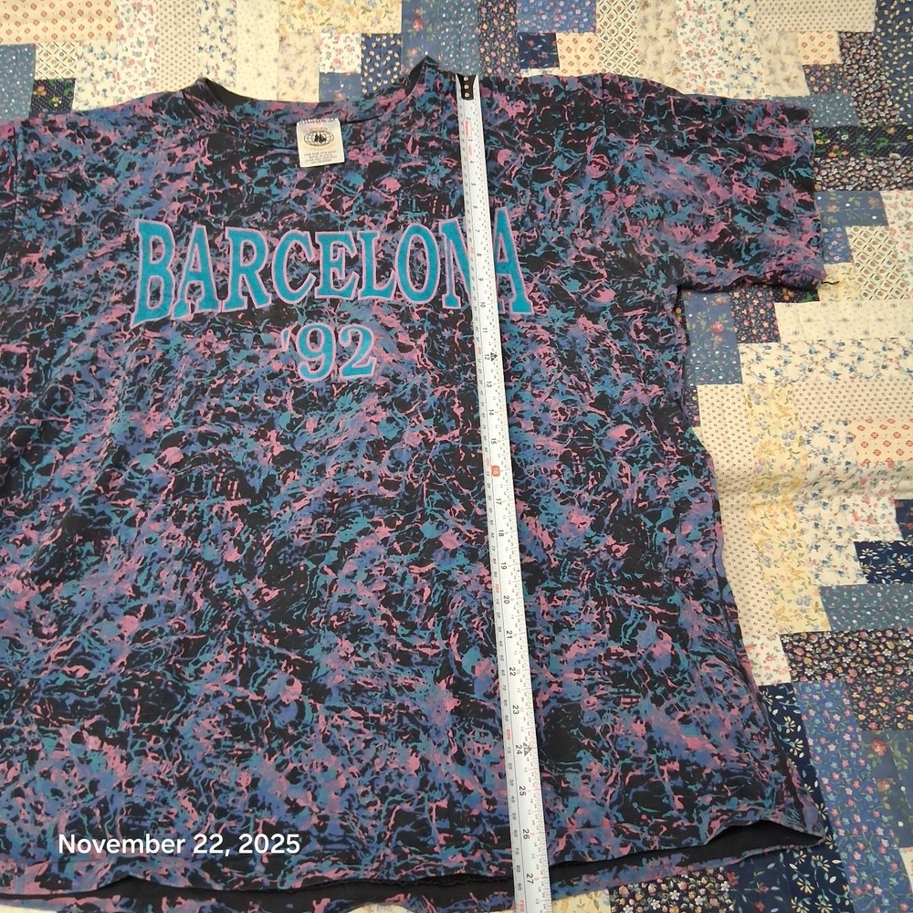 VTG 1992 Barcelona T Shirt One Size Splatter Graphic All Over Rare Batik Street - Picture 7 of 11
